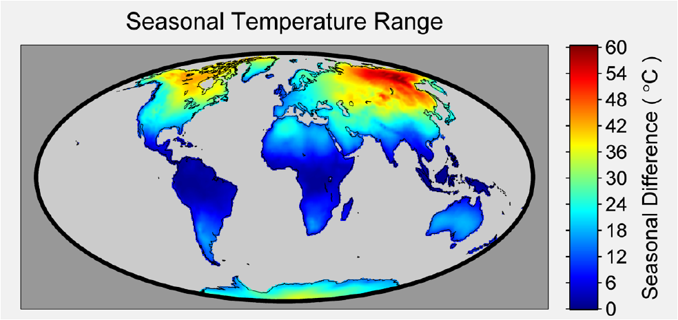 Figure 1. Using the Berkeley Earth Surface Air Temperature (SAT) dataset the seasonal temperature range was calculated over the entire land surface of the globe. For the purposes of this map the seasonal range was defined as the difference between the warmest month and the coolest month. The difference ranges from a low of 0 degrees C in equatorial regions to a high of 60 degrees C in northeastern Russia. While not as dramatic as the ranges found in Siberia, the seasonal range in northern Canada is also large. Other features, such as the muted seasonal range along coastlines, in particular the western North American coast, are visible.