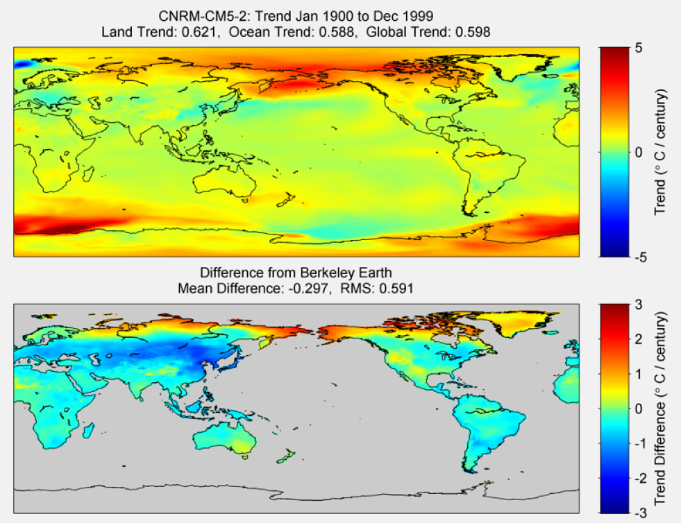 Figure 25. The above graphic illustrates the 100 year trend from 1900 to 1999 for the historical reconstruction produced as part of the Coupled Model Intercomparson project --Phase 5 or CMIP 5. Results for CNRM-CM5-2 model is shown in the upper panel and the difference with Berkeley Earth Land Temperature is shown in the lower panel. CNRM-CM5-2 is a product of CCentre National de Recherches Météorologiques / Centre Européen de Recherche et Formation Avancée en Calcul Scientifique. The lower panel depicts the difference in trends between CNRM-CM5-2 and Berkeley Earth Land Temperatures. The Root Mean Square is calculated at the grid level.