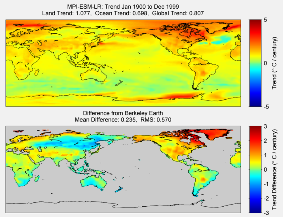 Figure 45. The above graphic illustrates the 100 year trend from 1900 to 1999 for the historical reconstruction produced as part of the Coupled Model Intercomparson project --Phase 5 or CMIP 5. Results for MPI-ESM-LR model is shown in the upper panel and the difference with Berkeley Earth Land Temperature is shown in the lower panel. MPI-ESM-LR is a product of the Max-Planck-Institut für Meteorologie (Max Planck Institute for Meteorology). The lower panel depicts the difference in trends between MPI-ESM-LR and Berkeley Earth Land Temperatures. The Root Mean Square is calculated at the grid level.
