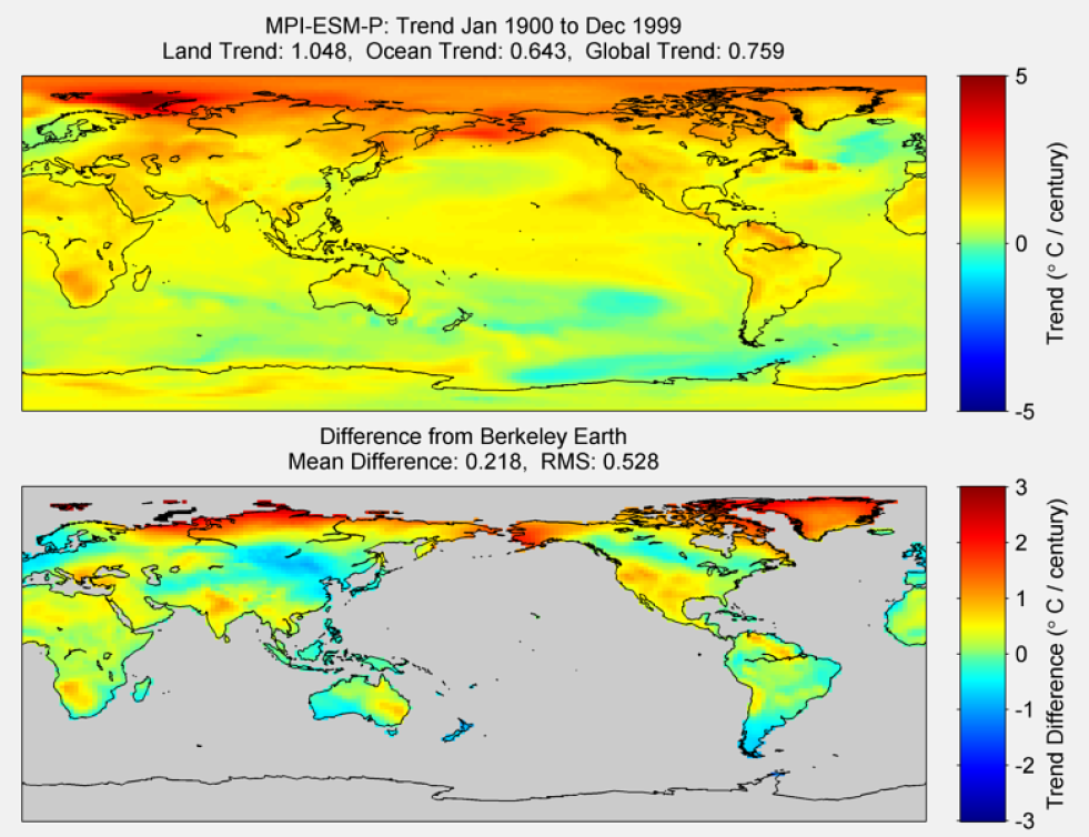 Figure 47. The above graphic illustrates the 100 year trend from 1900 to 1999 for the historical reconstruction produced as part of the Coupled Model Intercomparson project --Phase 5 or CMIP 5. Results for MPI-ESM-P model is shown in the upper panel and the difference with Berkeley Earth Land Temperature is shown in the lower panel. MPI-ESM-P is a product of the Max-Planck-Institut für Meteorologie (Max Planck Institute for Meteorology). The lower panel depicts the difference in trends between MPI-ESM-P and Berkeley Earth Land Temperatures. The Root Mean Square is calculated at the grid level.