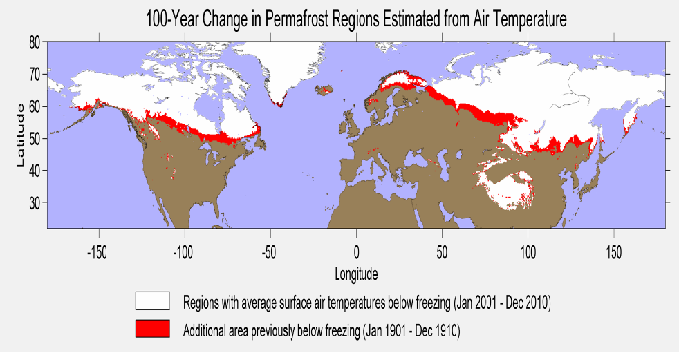 Figure 7. Permafrost, or cryotic soil, is defined as soil that is at or below 0C for 2 or more years. In the above figure we use the air temperature estimated by the Berkeley Earth averaging method to create an estimate of permafrost extent and its retreat over the last hundred years. While factors other than air temperature do play a role in the formation of permafrost (such as the slope and aspect of the terrain), the average annual air temperature does provide a good estimate of where permafrost has formed. Regions where the annual air temperature averaged 0C or below for the 1901-1910 time period are colored in red, while those areas that were 0C or lower during the 2001-2010 period are colored in white.