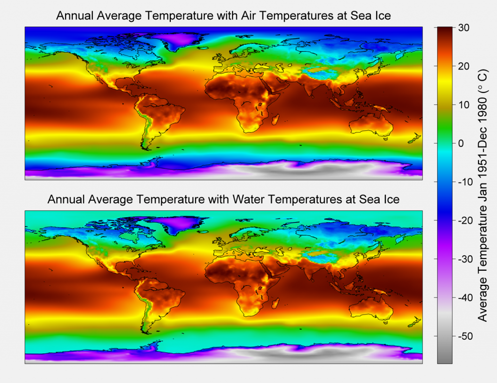 Annual Average Global Temperatures. Both panels are calculated using a 1951-80 periodand represent the average Global Temperature index in degrees C. At the poles where ice cover variesover the record we provide two cases. For the baseline case the air temperature over iceis used for the average and in the alternative case in the bottom panel Sea Temperature under the ice cover is used. -1.8 C is used for this value in all cases