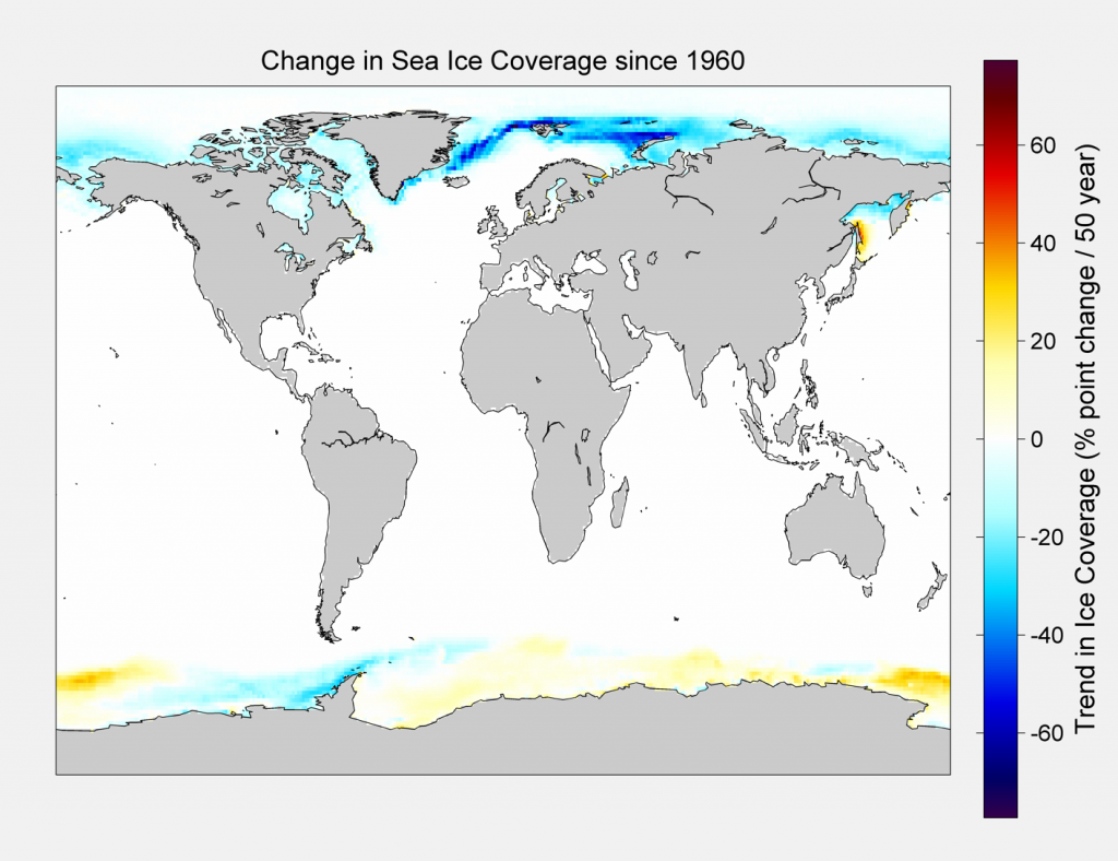 Changes in Sea Ice cover. The changes in sea ice cover since 1960 is shown.The percentage change for grid cells is depicted.