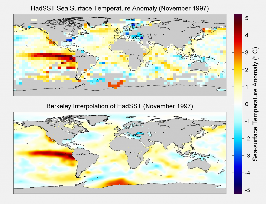 Berkeley Interpolation. HadSST is the source material for estimating the Sea Surface Temperature.The top panel shows a sample month from the source data and the bottom panel shows theresults after interpolation.